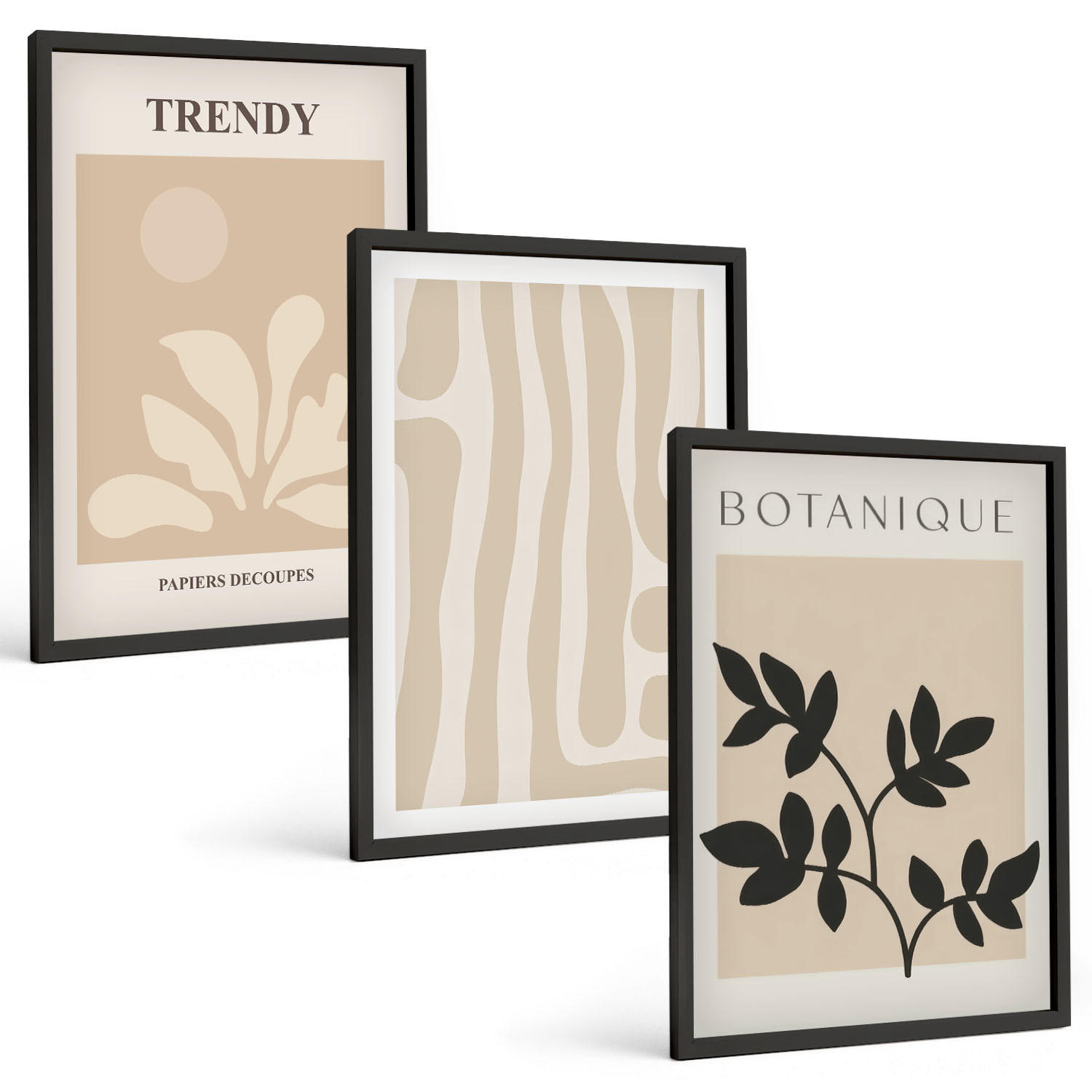 BILDER SET 3er Set - 40x60 cm Schwarzer Rahmen - Stilvolle Pflanzenmuster in Beige und Schwarz - Schwarz, Kunststoff (40/60cm) - TULUP