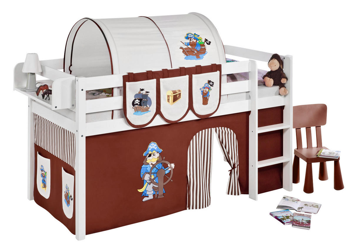 HOCHBETT Jelle mit PIRAT Vorhang - Kinderbett - Weiß, Holz - Lilokids