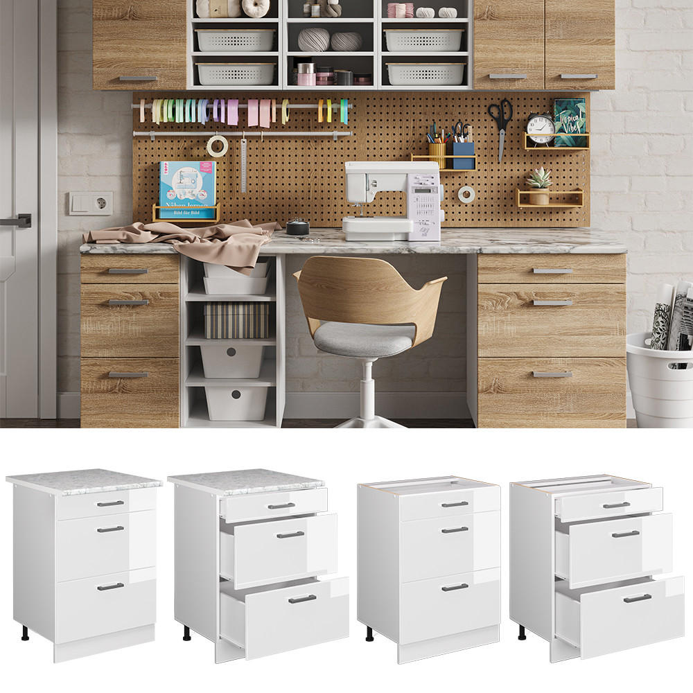 UNTERSCHRANK R-Line Weiß Hochglanz 60 cm mit Schubladen - Weiß Hochglanz/Weiß, Holzwerkstoff (60/81.6/60cm) - Vicco