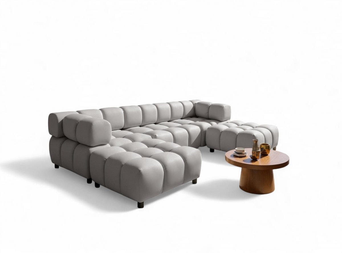 SOFA 3-sitzer Und 2-polsterhocker Flow - Hellgrau, Holzwerkstoff/Textil (288/71/96cm) - Fun Möbel