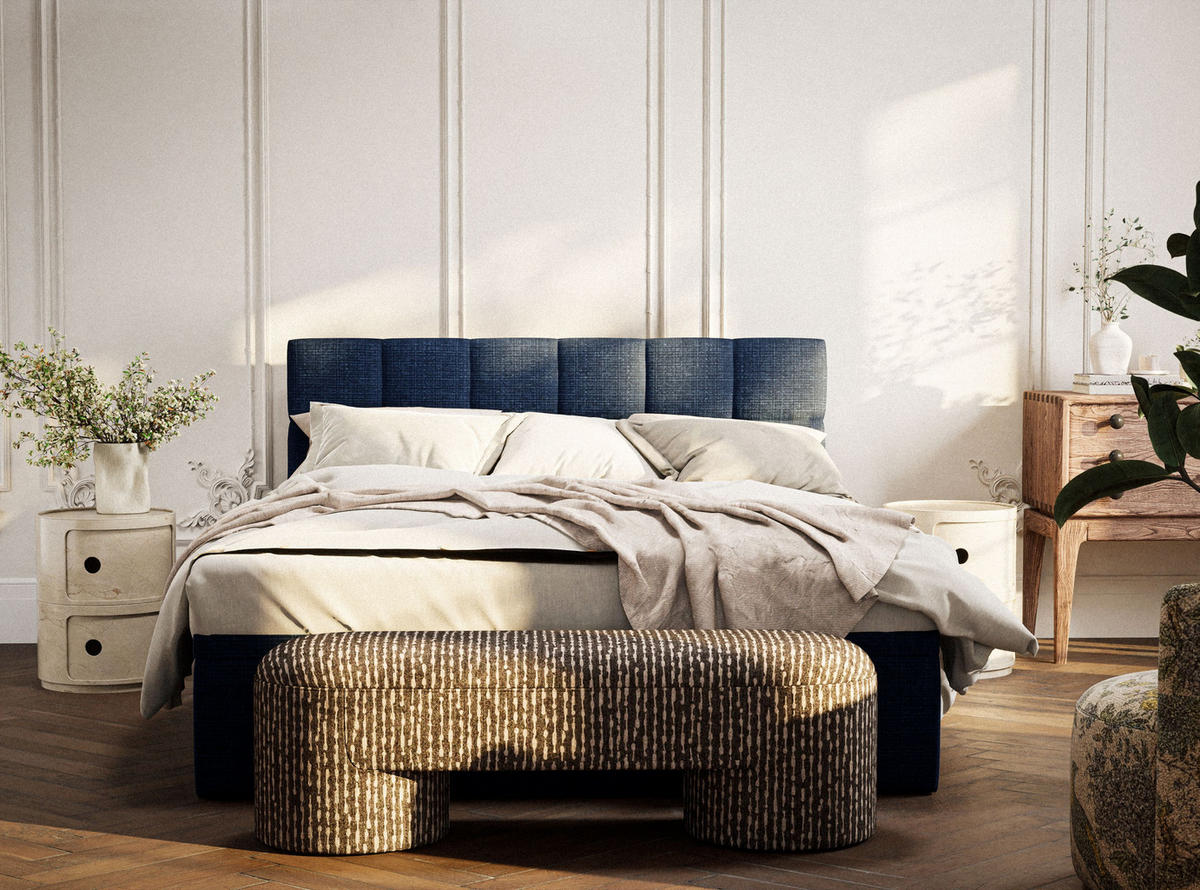 BOXBETT 160/200 cm Gotu S, in Marineblau, Matratze, gepolstertes Kopfteil, Bettkasten, H3 = fest - Schwarz/Dunkelblau, Holz/Holzwerkstoff (160/200cm) - Maison de Reve