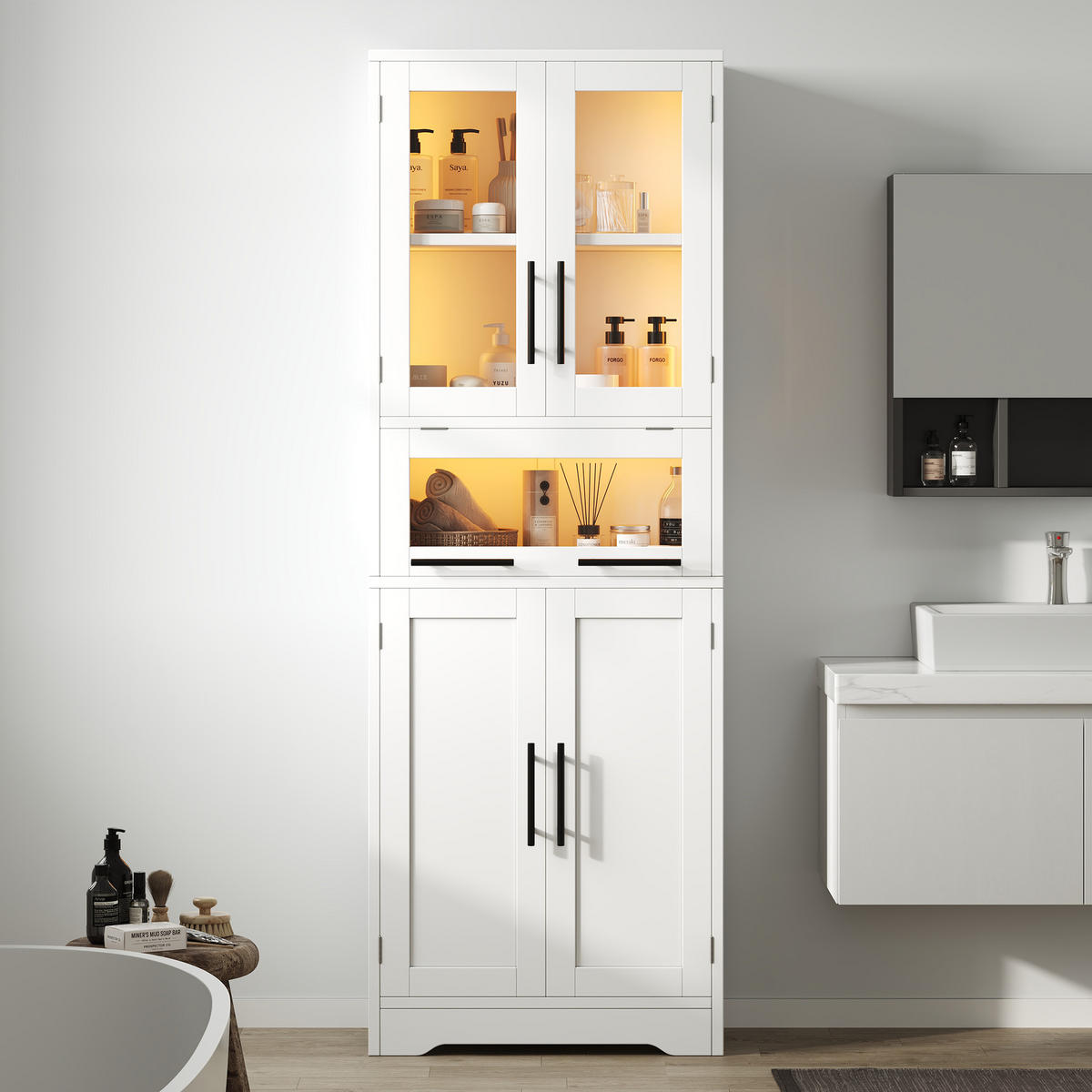 BADEZIMMERSCHRANK in Weiß Aufbewahrungsschrank mit Verstellbare Einlegeböden und App-gesteuertes LED, B60/T30/H170cm - Weiß, Glas/Holzwerkstoff (60/170/30cm) - STILVORA