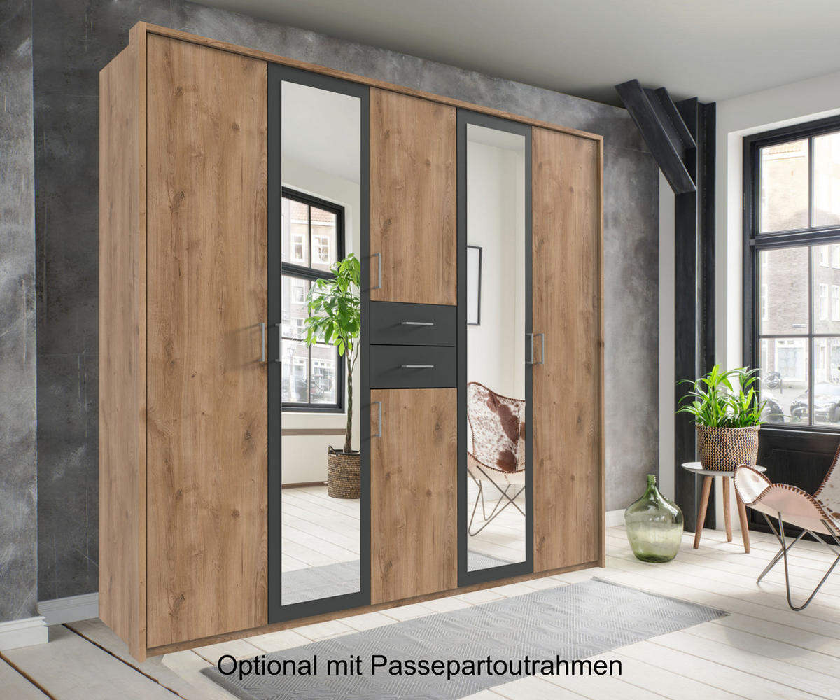 DREHTÜRENSCHRANK Kleiderschrank B225/H208/T58 cm mit Schubkästen & 2 Spiegeltüren, Eiche Dekor mit Absetzungen in Grafit / 22592 - Eichefarben/Silberfarben, Holzwerkstoff/Kunststoff (225/208/58cm) - luma-home