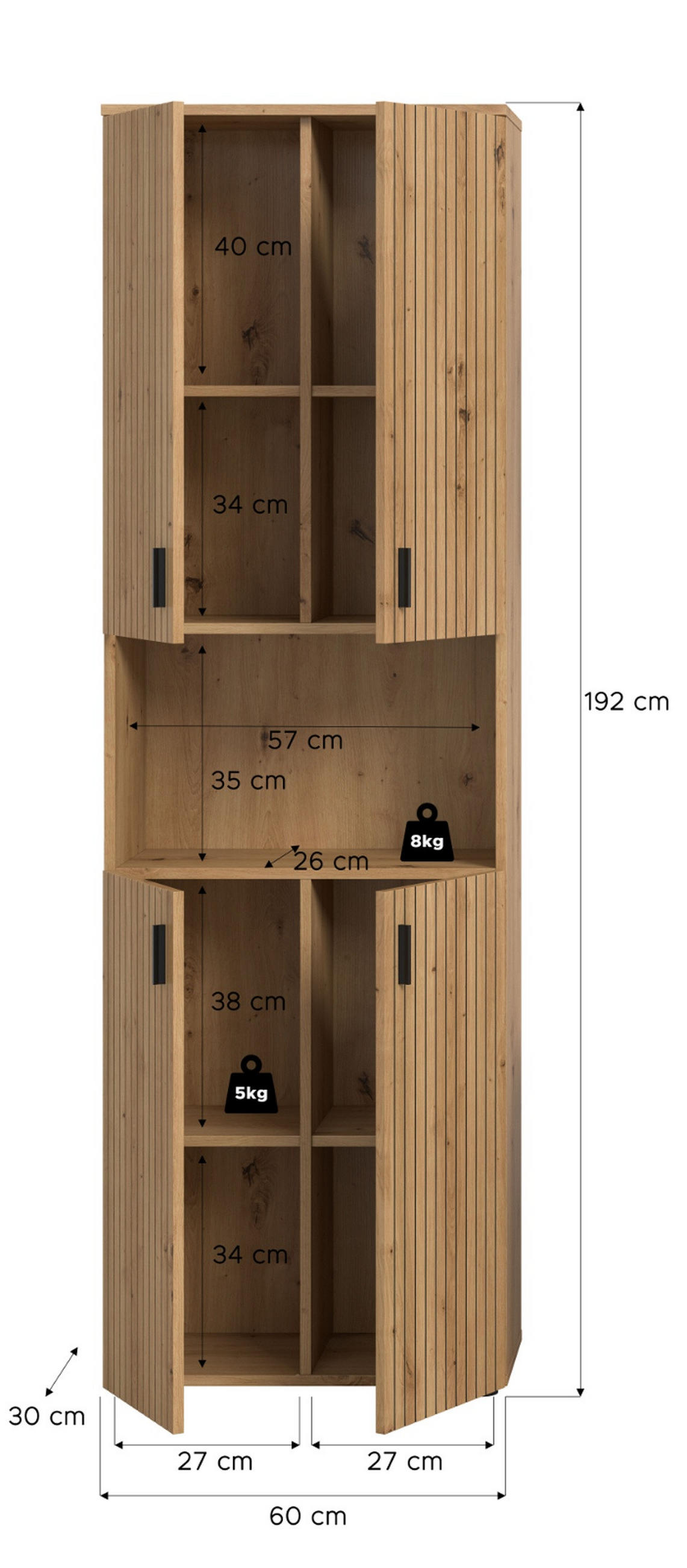 HOCHSCHRANK Eiche Artisan 60 x 192 cm, Badezimmer Schrank mit 8 Fächern - Schwarz/Eiche Artisan, Holzwerkstoff/Kunststoff (60/192/30cm) - Inn.Furn