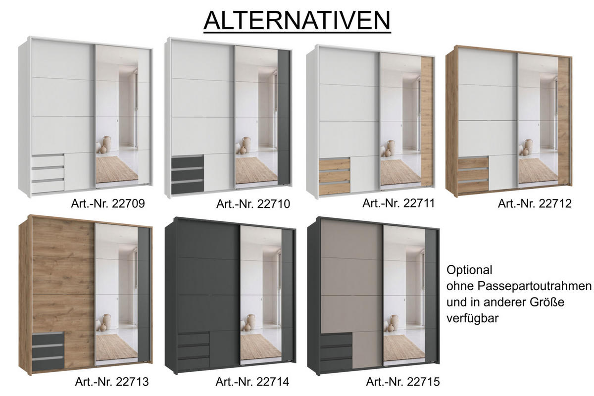 SCHWEBETÜRENSCHRANK 2-türig B183/H200/T65 cm, Passepartout-Kleiderschrank mit Spiegel & sichtbaren Schubkästen in Eiche Dekor, 1x Tür in Weiß / 22712 - Eichefarben/Alufarben, Holz/Holzwerkstoff (183/200/65cm) - luma-home