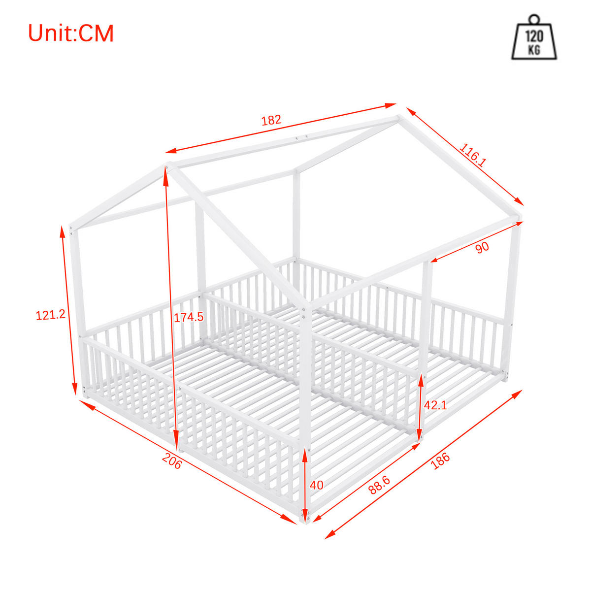HAUSBETT 90x200cm in Weiß，Doppelbett Design - Weiß, Metall (90/200cm) - KOMHTOM