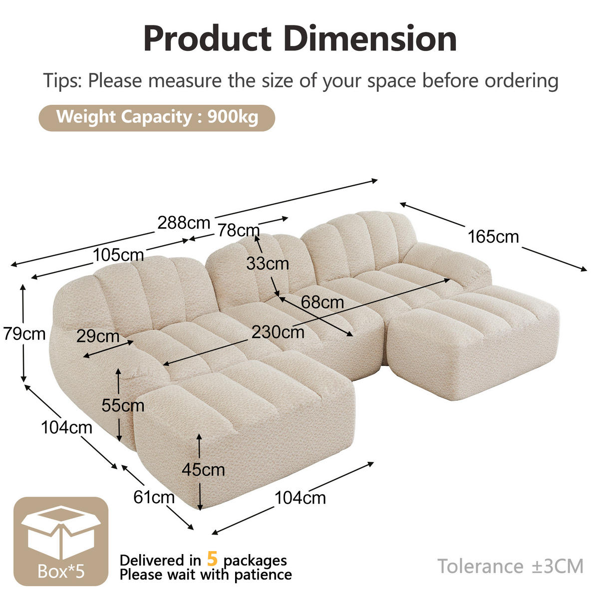 WOHNLANDSCHAFT Granulierter Fleece Beige mit Ottomanen - Beige, Textil (188/79/165cm) - WISHDOR
