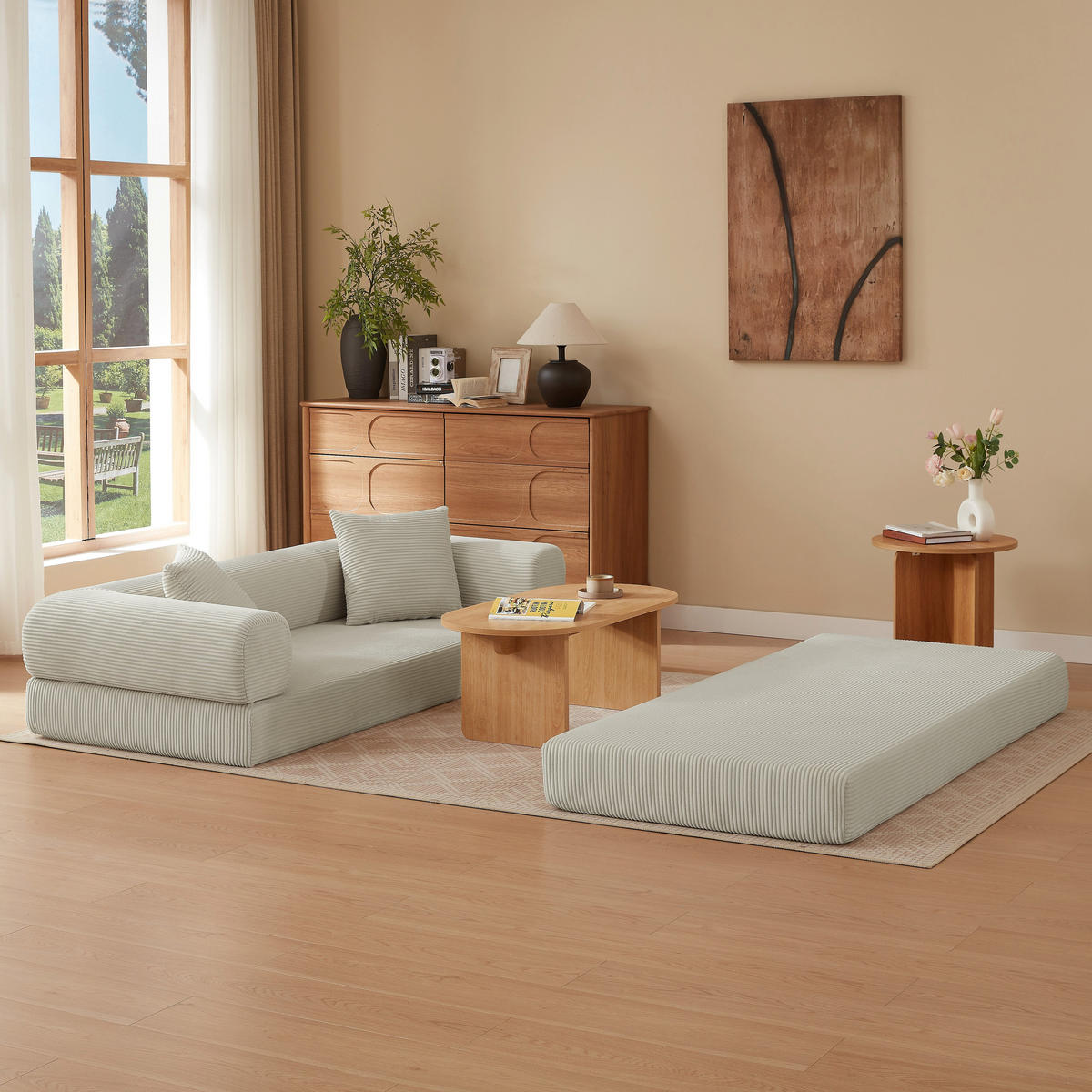 SCHLAFSOFA aus Cord in Beige 2-lagiges Design & zum Doppelbett ausklappbar - Beige, Textil (89/59/195cm) - Urban Meuble