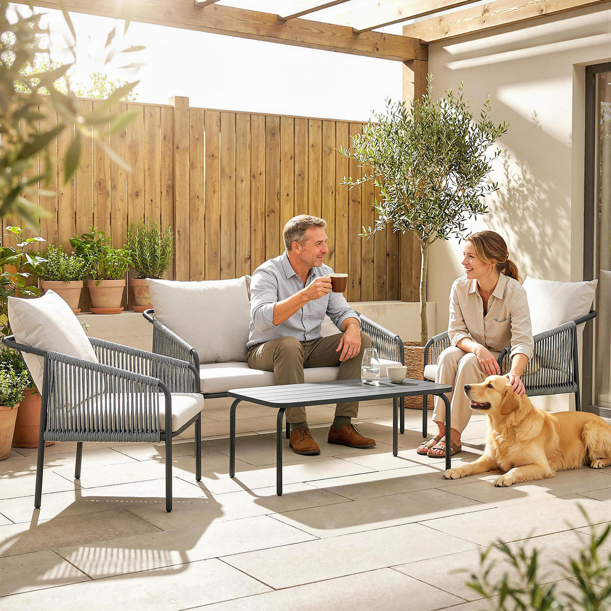 RATTAN-GARTENMÖBEL-SET 4er Set Stahl PE-Rattan Khaki - Hellgrau/Schwarz, Textil/Metall - Outsunny