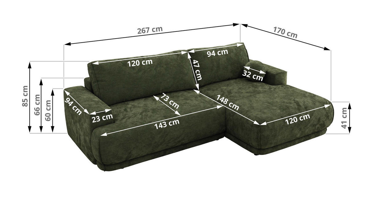 ECKSCHLAFSOFA RINA L Dunkelgrün Schenille glatt - links - Dunkelgrün/Schwarz, Kunststoff/Textil (267/170cm) - MKS