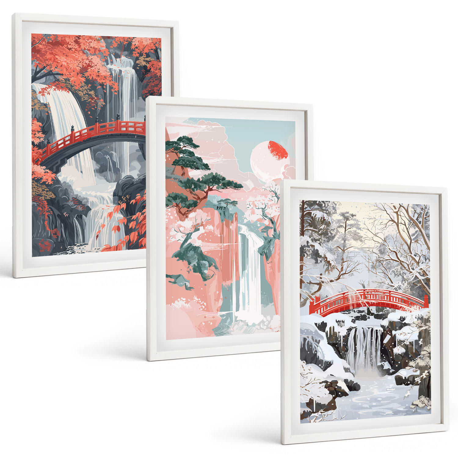 BILDER SET 3er Set - 40x60 cm Weißer Rahmen - Wasserfälle der Jahreszeiten - Weiß, Kunststoff (40/60cm) - TULUP
