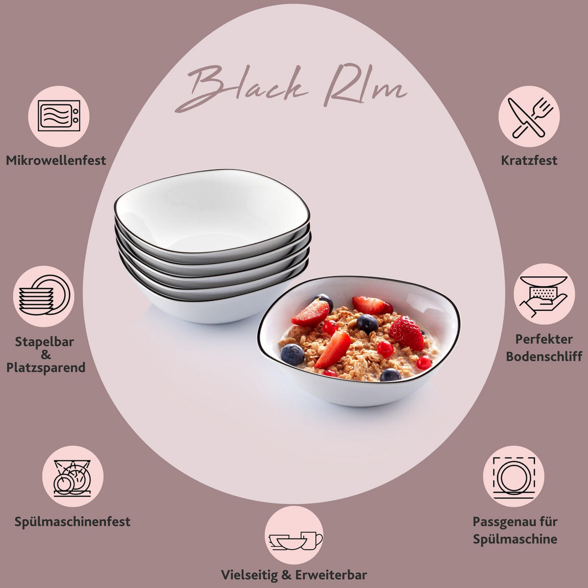 MÜSLISCHALEN SET BILGOLA BLACK RIM - 6 teilig aus Porzellan - Weiß, Keramik (15cm) - Sänger