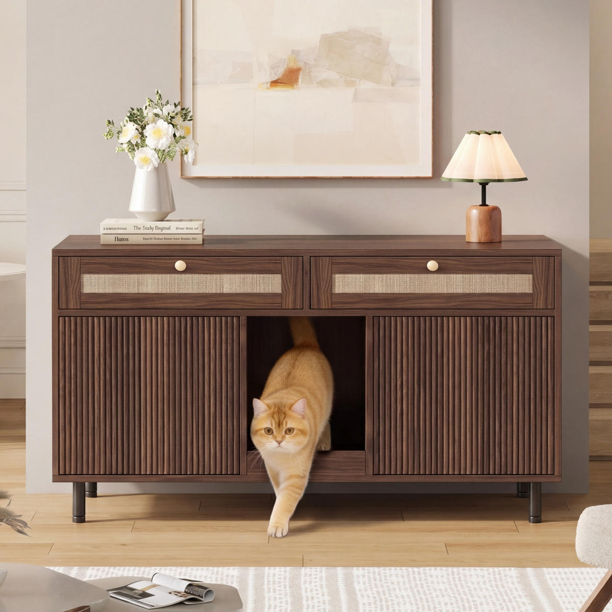SIDEBOARD Nussbaumfarben 120×50×65 cm, multifunktionaler Katzentoilettenschrank mit Rattan-Details - Nussbaumfarben, Holzwerkstoff (120/65/50cm) - Luhomfu