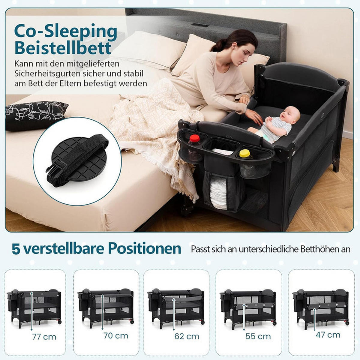 BEISTELLBETT mit Matratze schwarz - Schwarz, Textil - COSTWAY