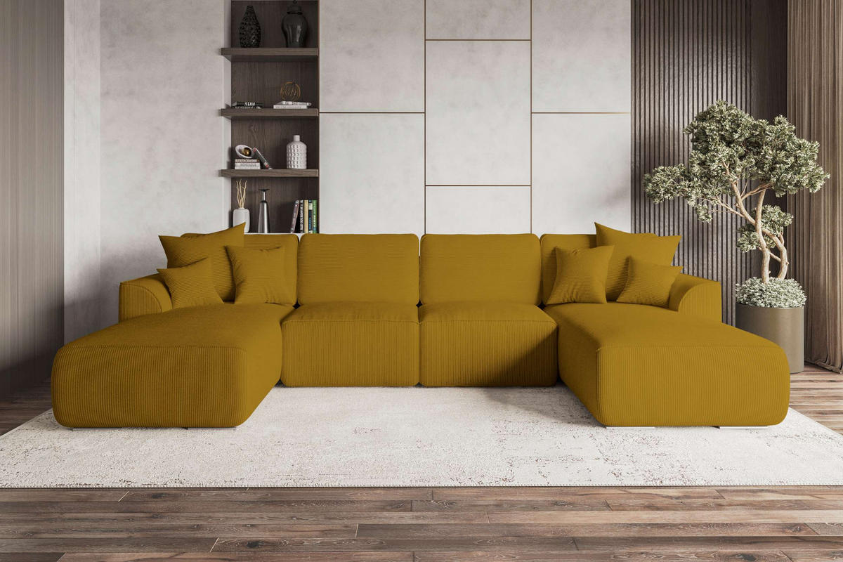 WOHNLANDSCHAFT GUSTO Cordstoff Goldfarben inkl. Schlaffunktion - Chromfarben/Goldfarben, Kunststoff/Textil (306/96/194cm) - 99rooms