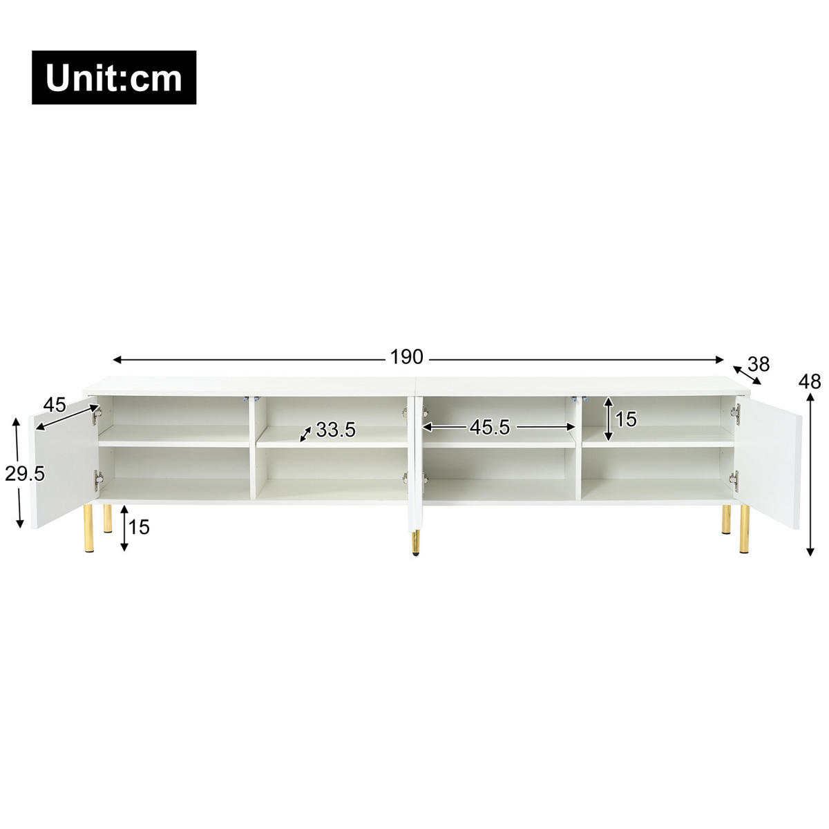 TV Lowboard 190x38x48 cm, goldene Füße, Rillenfront, Weiß - Weiß, Holz (190/48/38cm)