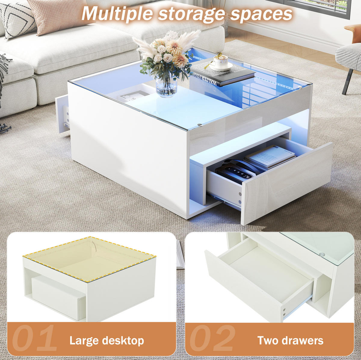 KLUBSKI stolić 70/70/35 cm bijeli od MDF-a i kaljenog stakla s LED rasvjetom i 2 ladice - bijela, drvni materijal (70/70/35cm) - OKWISH