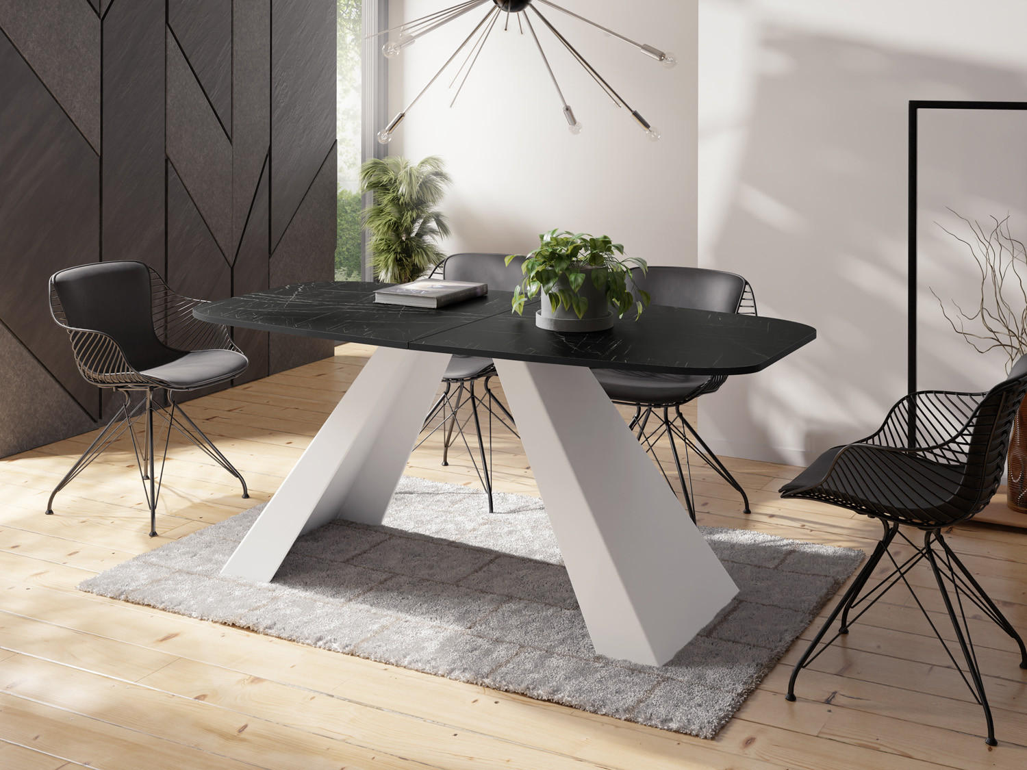 ESSTISCH Monte Weiß rechteckig ausziehbar, Marmor Schwarz 180-220/90/76 cm - Anthrazit/Weiß, Holzwerkstoff/Metall (180/90/76cm) - WFL GROUP