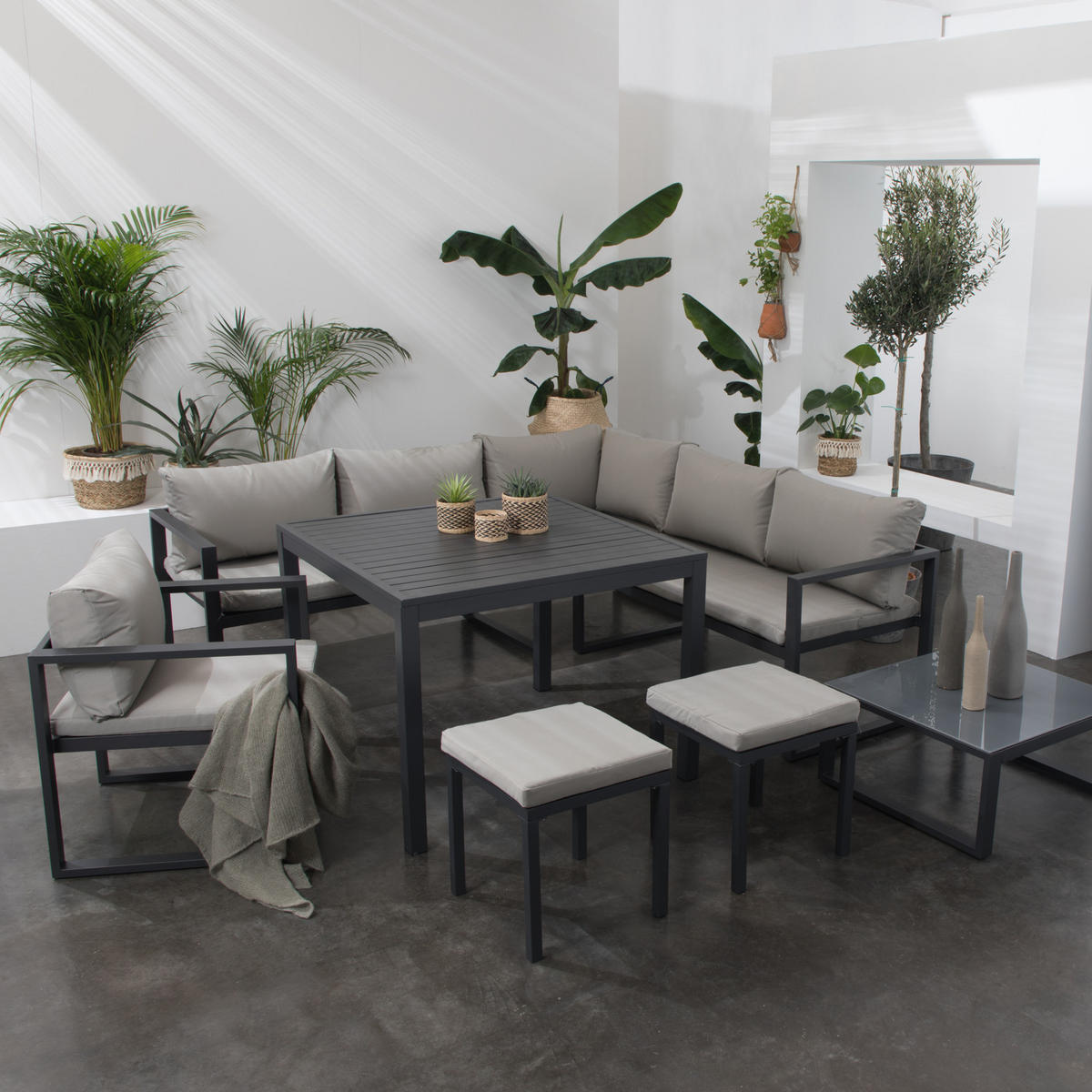 GARTENSALON Ibiza Grau und Anthrazit 7 Plätze - Anthrazit, Metall - Happy Garden