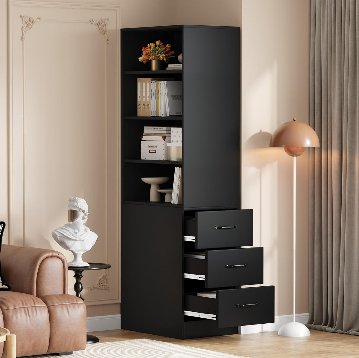 REGAL schmal mit Seitenschubladen 60x38x180 cm Schwarz - Schwarz, Holzwerkstoff (38/180/60cm) - Beauniv