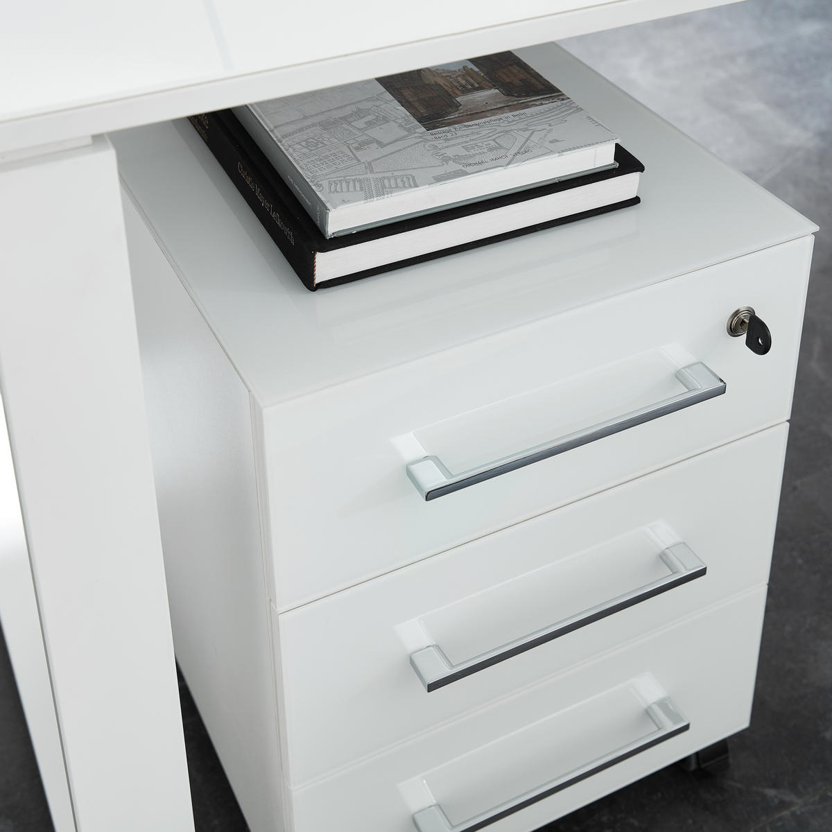 SCHREIBTISCH-SET MUENCHEN 160x80 cm Weiß | Glasplatte & Container - Weiß, Glas/Metall (80/160/75cm) - KADIMA DESIGN