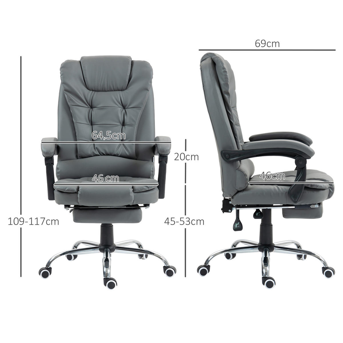CHEFSESSEL Bürostuhl mit Fußstütze, Schreibtischstuhl mit Neigefunktion Grau - Grau, Kunststoff (69/117/64.5cm) - HOMCOM