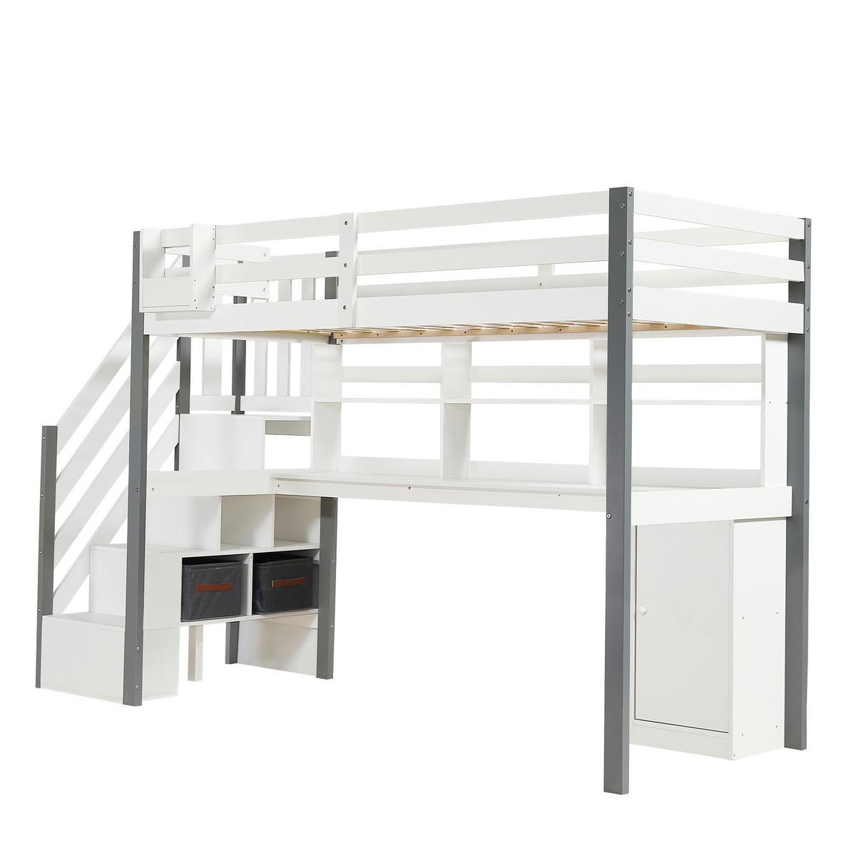 HOCHBETT 90/200 cm Weiß/Grau mit Schreibtisch und Stauraum - Weiß, Holz (90/200cm) - Flora Grace