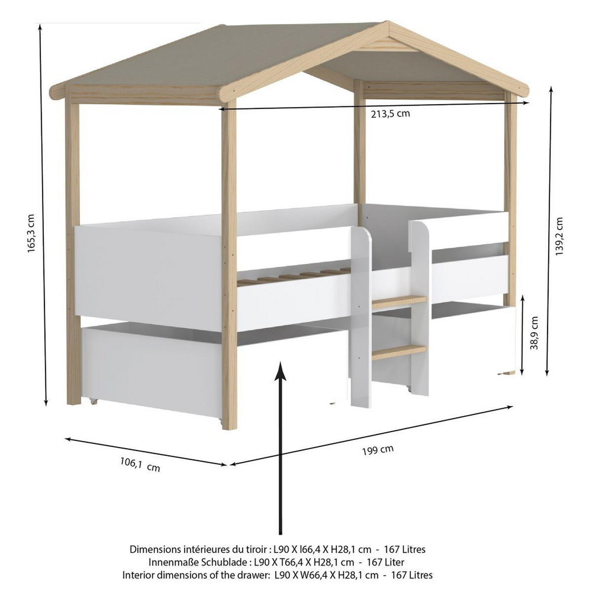 HAUSBETT PILOTI / SPIELBETT 90x190 +2 SCHUBLADEN - Weiß und naturholz - Multicolor, Holz (90/190cm) - Weber Industries