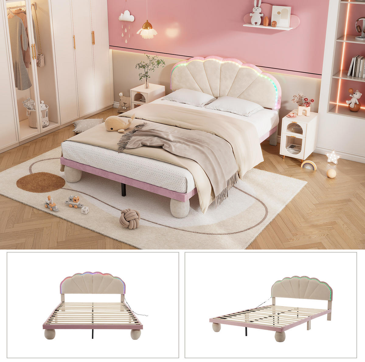 SAMT-POLSTERBETT 140/200 cm mit LED-Beleuchtung und gepolstertem Kopfteil - Beige, Textil (140/200cm) - BEAOK