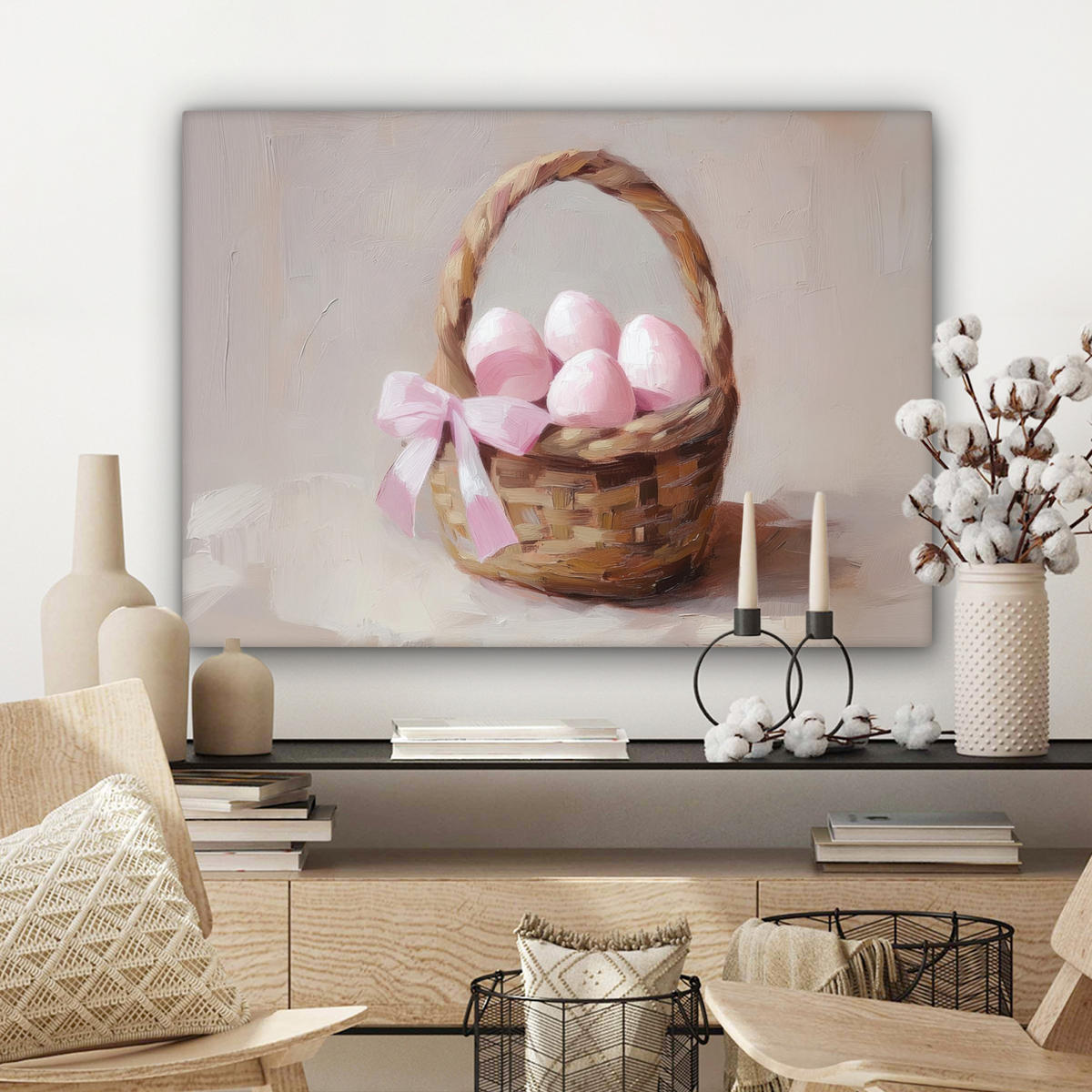 LEINWANDBILD Korb - Eier - Rosa Wandbilder 80x60 cm - Beige, Textil (80/60cm) - MuchoWow