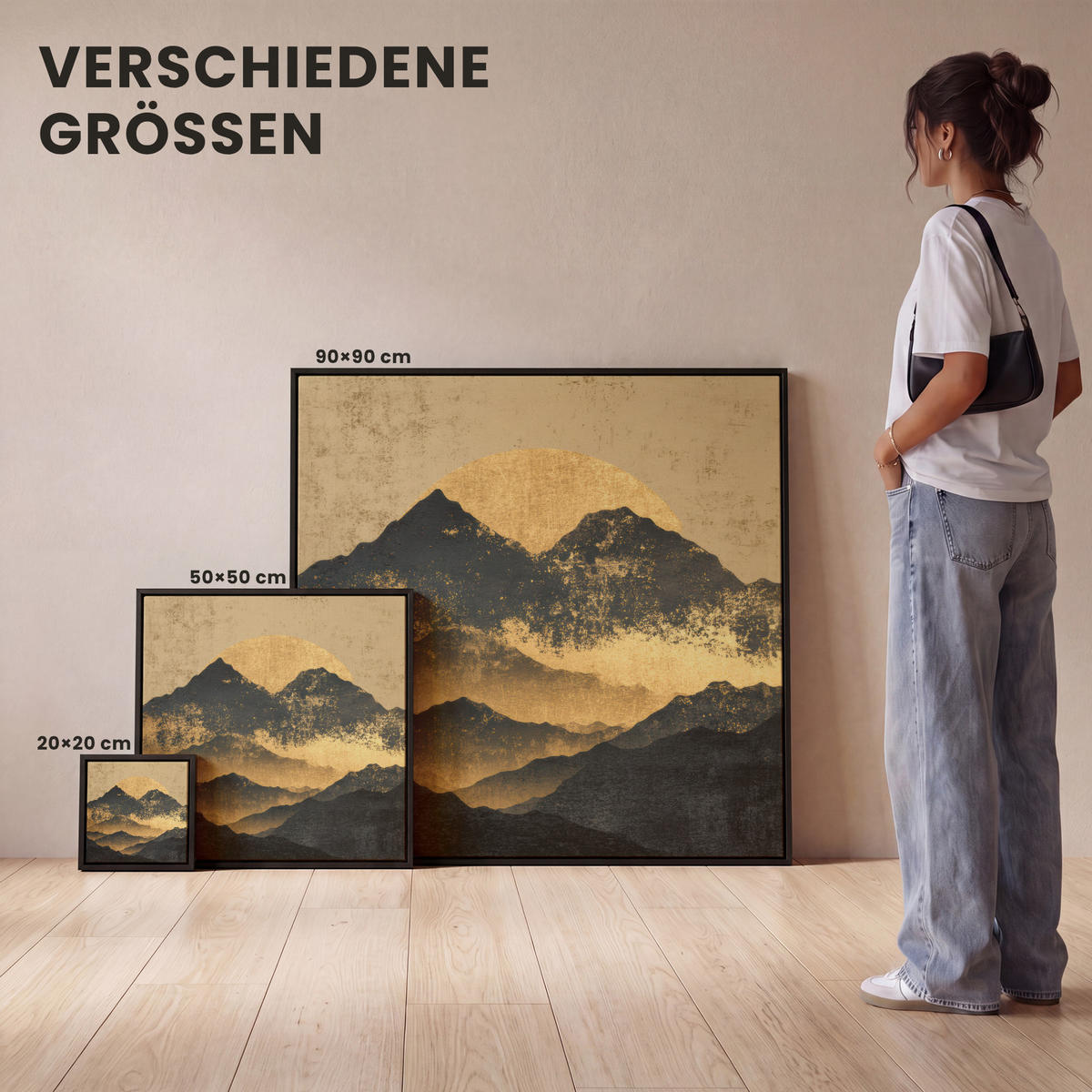 LEINWAND Bilder mit Rahmen - Goldene Berge bei Mondschein - 50x50 - Goldfarben, Textil (50/50cm) - MuchoWow