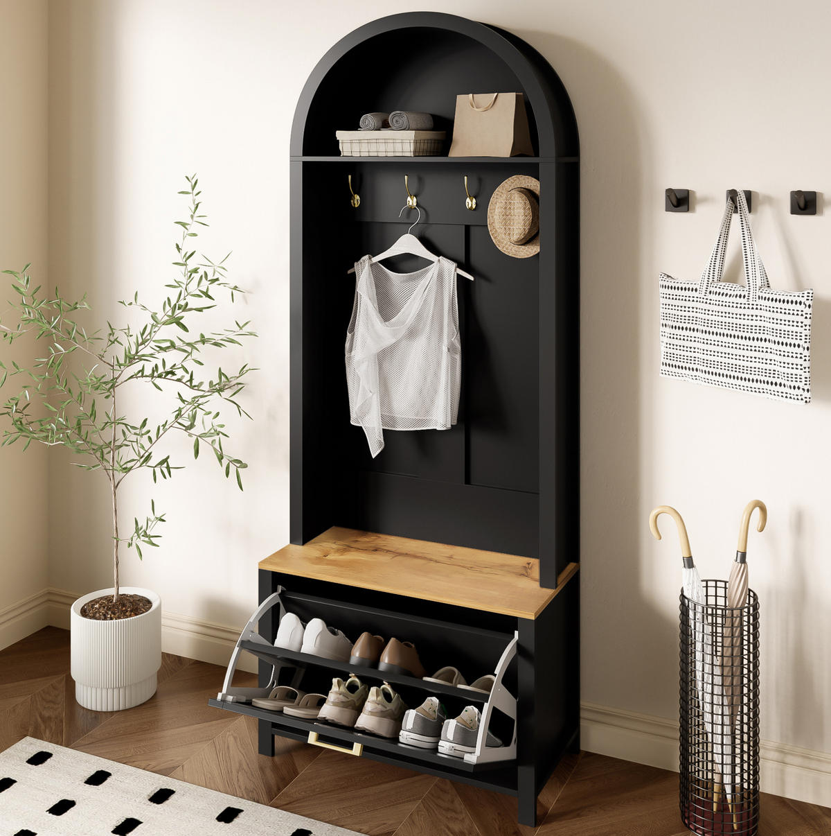 FLURGARDEROBE mit Schuhablage 75/35/195 cm in Schwarz/Natur - Schwarz, Holzwerkstoff (35/195/75cm) - BEAOK