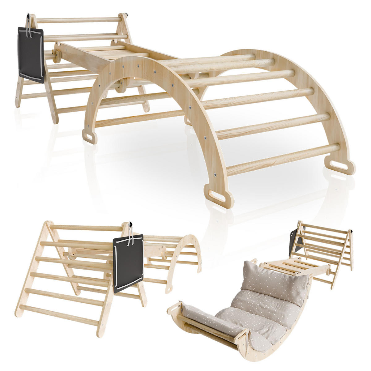 KLETTERDREIECK Movario mit Kissen 80x50cm - Klein - Naturfarben, Holz (54/55/54cm) - Juskys