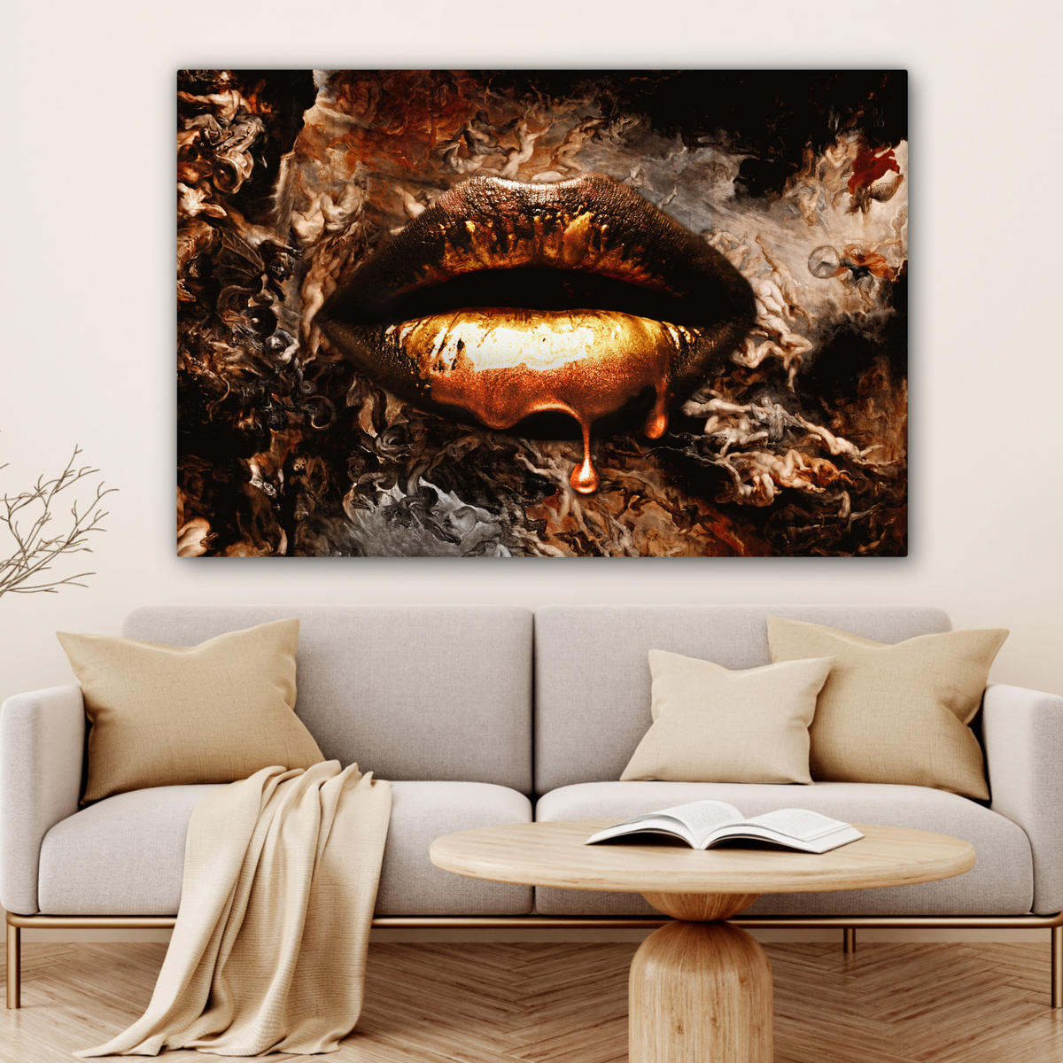 LEINWANDBILD Gold - Lippen - Kunst - Gold - Luxus - Abstrakt Wohnzimmer 120x80 cm - Bronzefarben, Textil (120/80cm) - MuchoWow