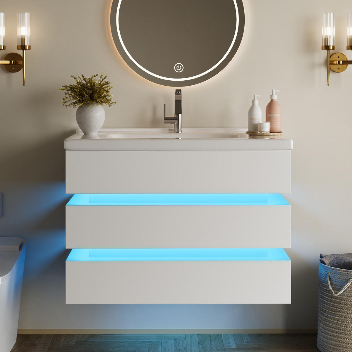 BADEZIMMERSCHRANK Wandmontiert LED Keramik Waschbecken Weiß - Weiß, Holzwerkstoff (81/57/47.5cm) - FLIEKS