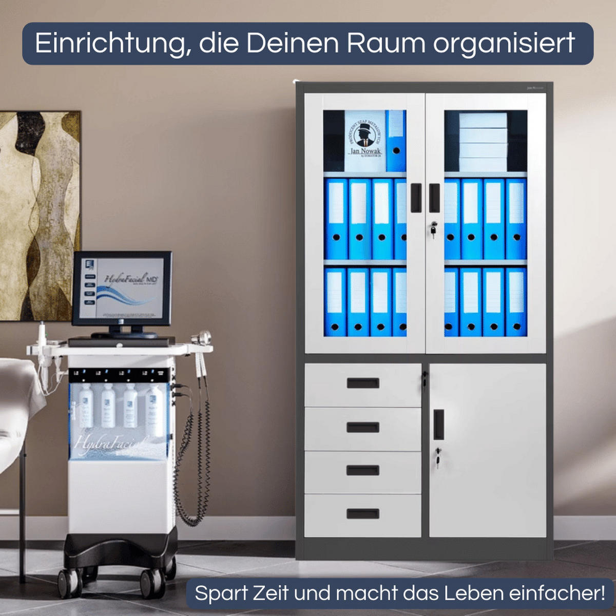 VITRINENSCHRANK abschließbar WIOLA mit Schubladen 185x90x40cm Anthrazit-Weiß - Anthrazit, Metall (90/185/40cm) - Jan Nowak