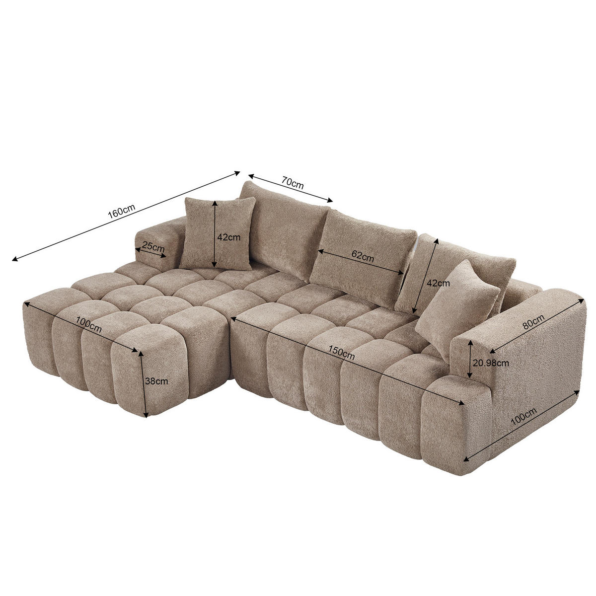 ECKSOFA 249,94/124,97/58,98 cm kaki aus Samtstoff modular und bequem - Braun, Textil (249.94/124.97cm) - OKWISH