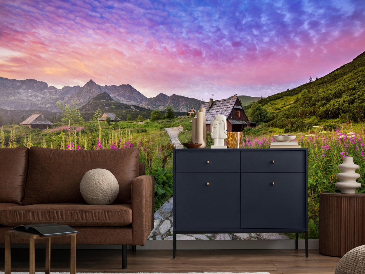 FOTOTAPETE für Schlafzimmer Berglandschaft Holzchalet Natur 150x105 - Beige/Violett, Papier (150/105cm) - Muralo