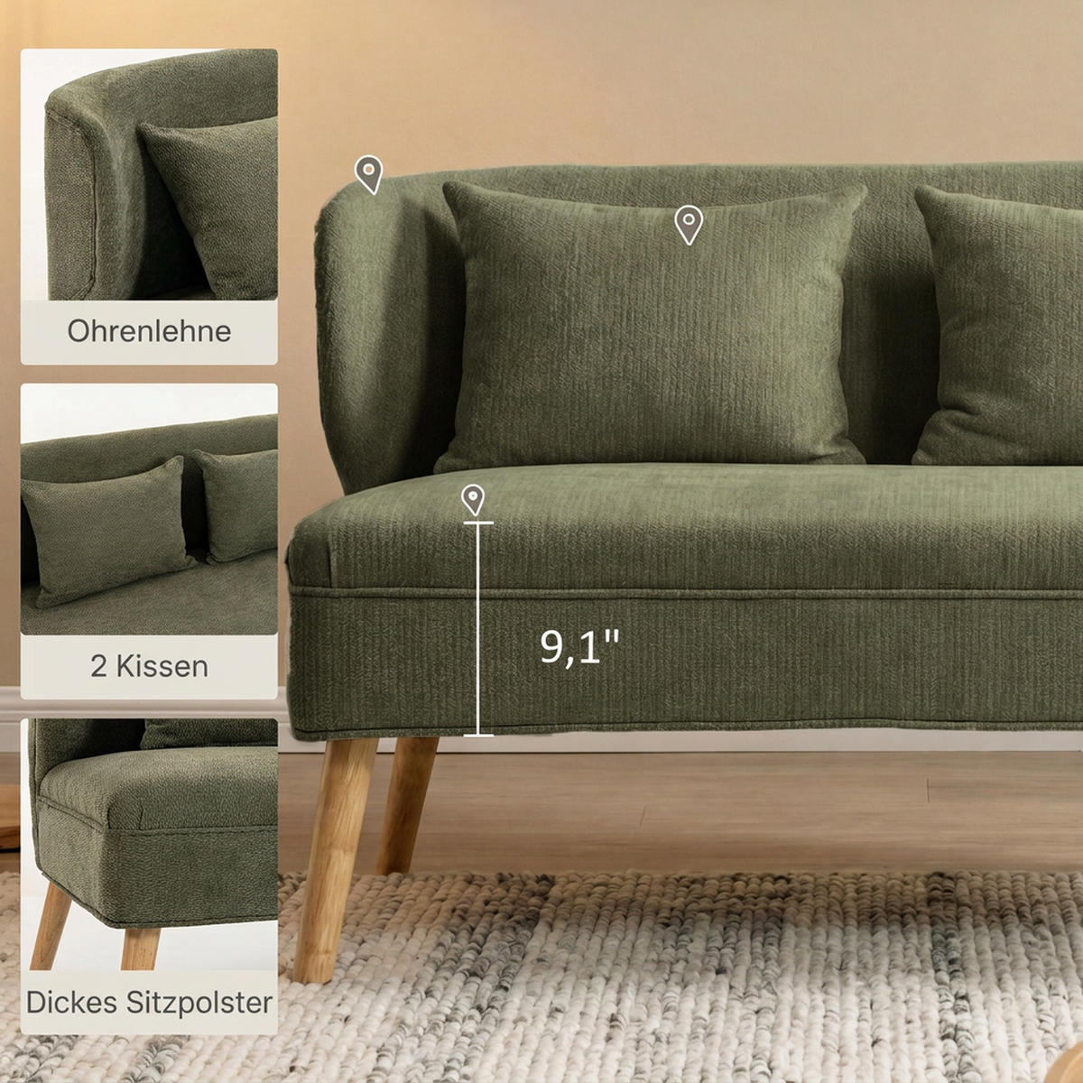 2-SITZER-SOFA Chenille Gummibaumholz Dunkelgrün - Dunkelgrün/Naturfarben, Holz/Holzwerkstoff (65/78.5/117cm) - HOMCOM