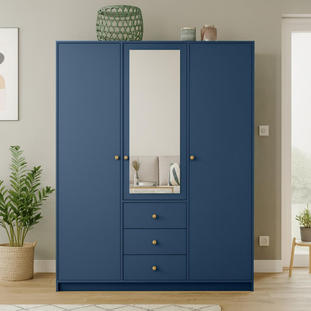 DREHTÜRENSCHRANK Solea Lux mit 3 Türen und 3 Schubladen, Dunkelblau - Goldfarben/Dunkelblau, Holzwerkstoff (150/200/57.5cm) - Beautysofa