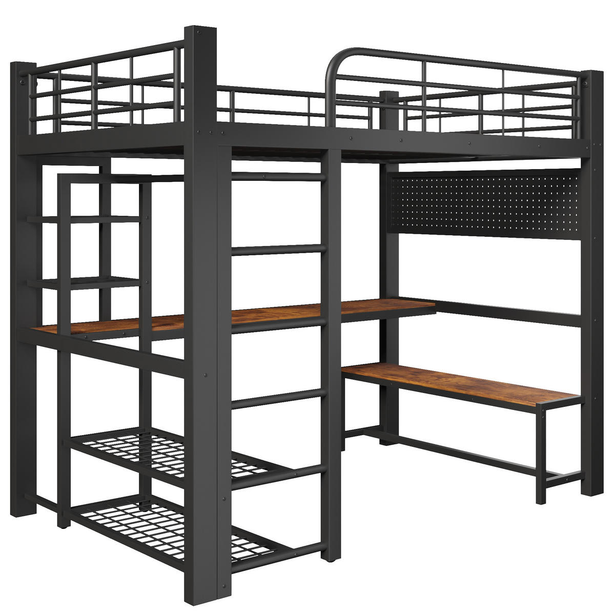 HOCHBETT 140/200 cm in Schwarz aus Metall mit LED, Ablagen, Schreibtisch und Kleiderstange - Schwarz, Holzwerkstoff/Metall (140/200cm) - WISHDOR