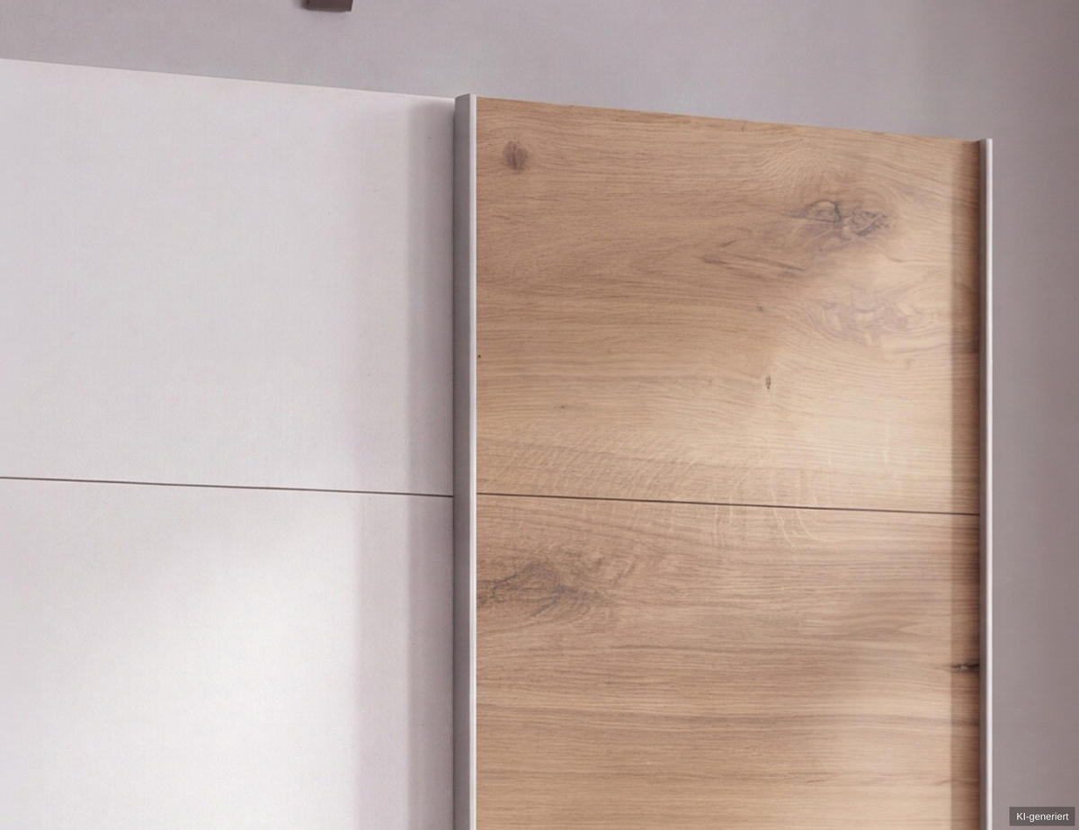 SCHWEBETÜRENSCHRANK 2-türig B135/H198/T65 cm, Kleiderschrank mit sichtbaren Schubkästen in Eiche Dekor, 1x Tür in Weiß / 22663 - Eichefarben/Alufarben, Holz/Holzwerkstoff (135/198/65cm) - luma-home