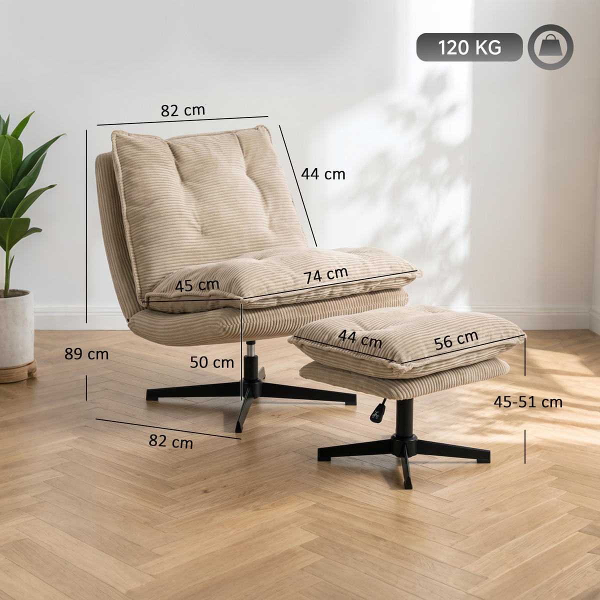 SESSEL mit Hocker Polyester Beige - Beige/Schwarz, Textil/Metall (74/89/82cm) - HOMCOM