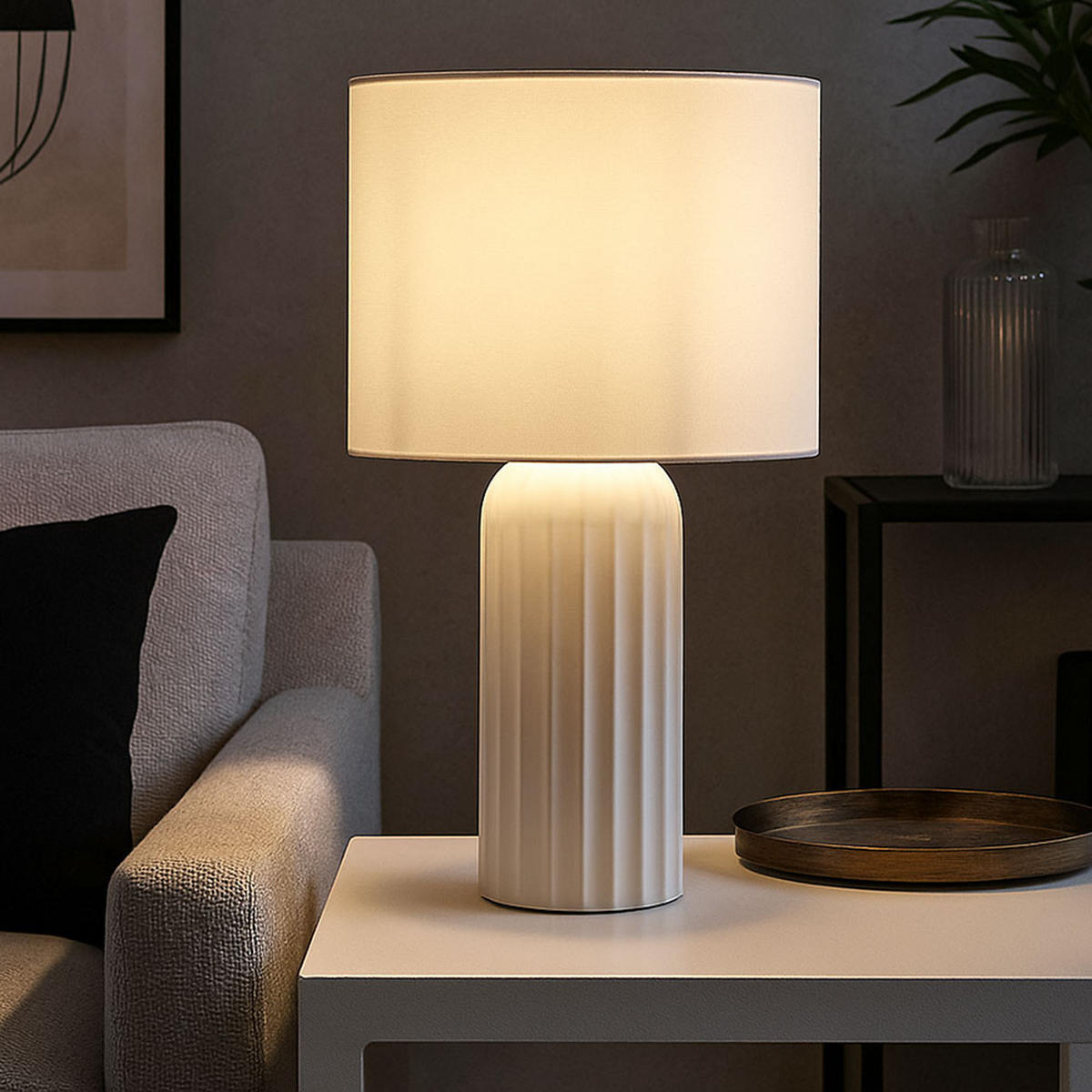 TISCHLEUCHTE Keramik Weiß - Weiß, Textil (20/20/36cm)