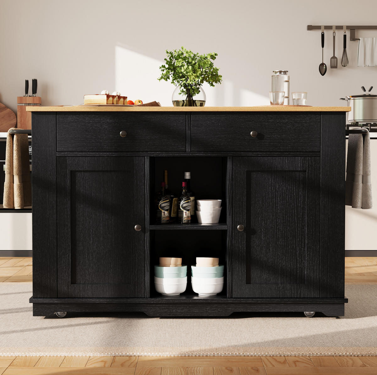 KÜCHENINSEL 151,5/91,7/59,7 cm Schwarz/Natur aus MDF und Metall mit klappbarer Tischplatte und Steckdose - Schwarz, Holzwerkstoff (59.7/91.7/151.5cm) - OKMYHOME