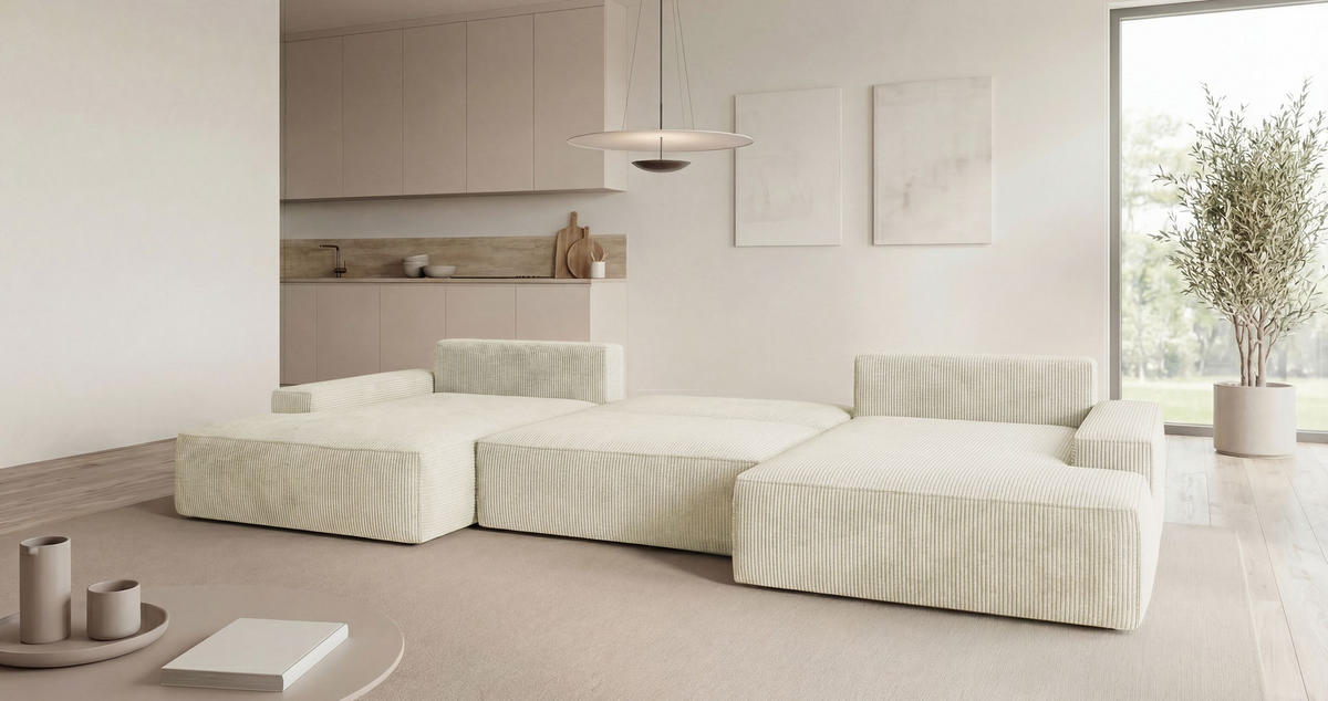 WOHNLANDSCHAFT VERONA U-Form weiß Cord Poso 100 - Schlaffunktion, Bettkasten - Weiß, Textil (385/86/185cm) - Cornero