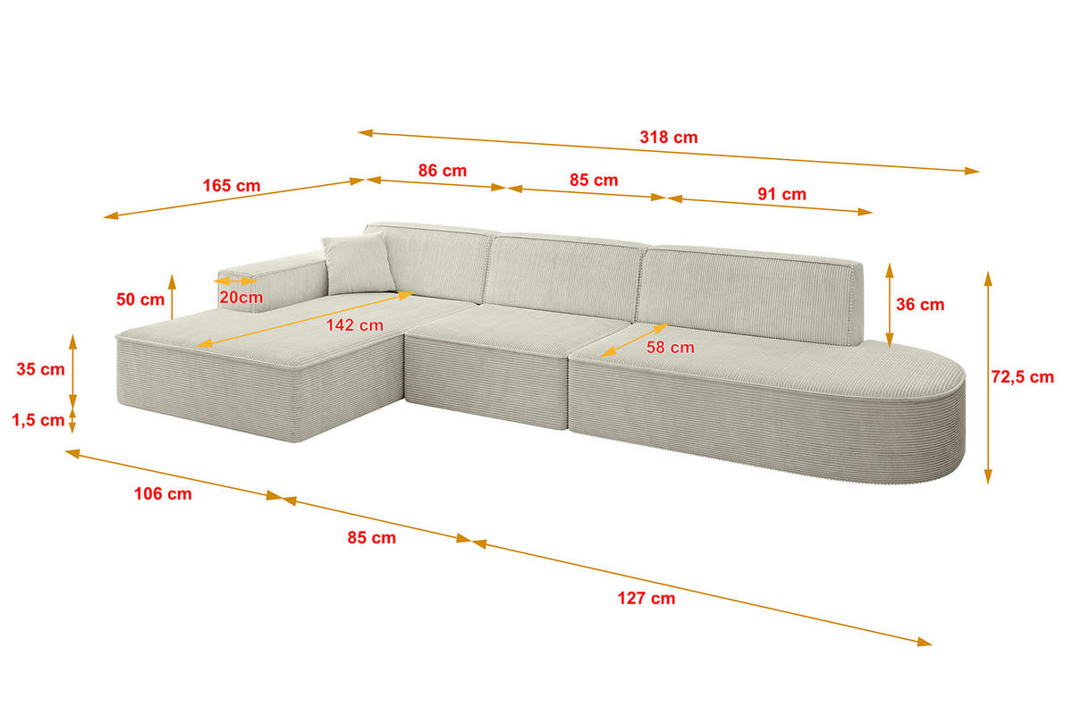 ECKSOFA Ottomane Links IREA-L2-v4 - 318x165x72,5 cm Hellgrau - Hellgrau, Holzwerkstoff/Textil (318/165cm) - ALTDECOR