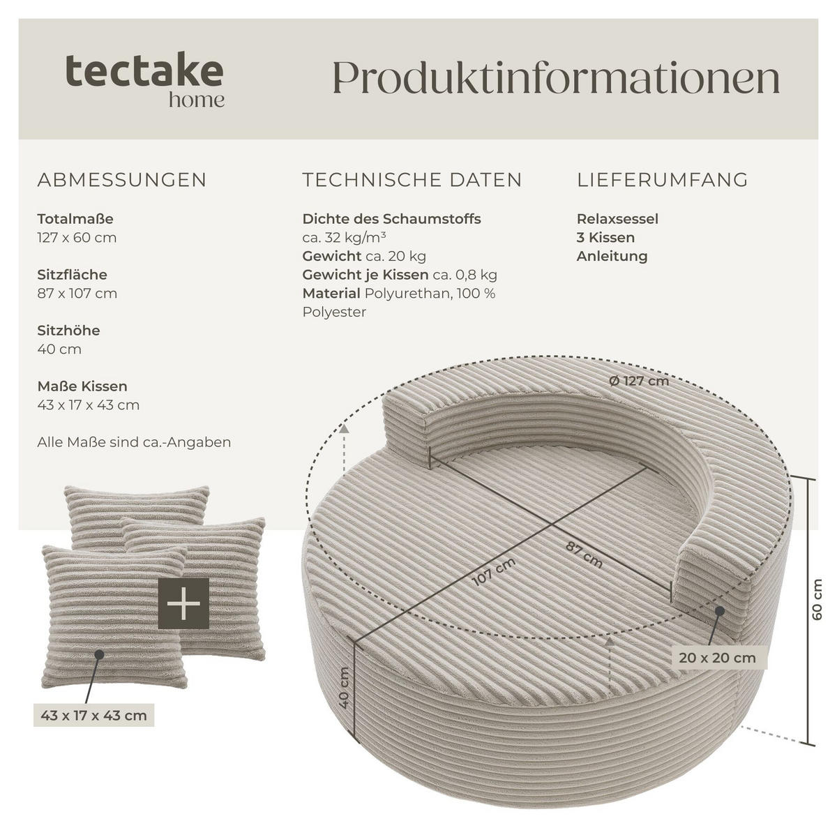 RELAXSESSEL Love, Ø 127 x 60 cm, mit 3 Kissen, Samtcord beige - Beige, Kunststoff/Textil (127/60/127cm) - tectake