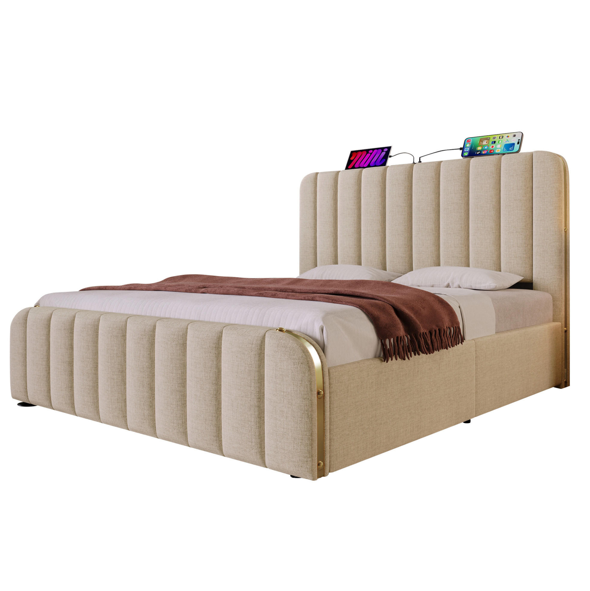 POLSTERBETT aus Leinen 160x200 cm in Beige mit USB- & USB-C Ladefunktion - Beige, Textil (160/200cm) - Modfu