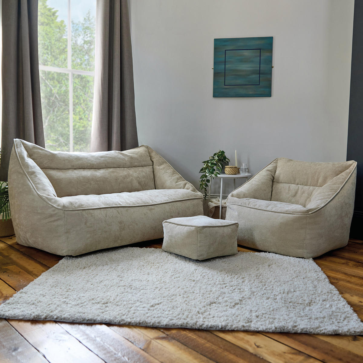 SITZSACK-SET 3-tlg, Sofa Chenille Cecilia, Sitzsack Sessel mit Hocker - Beige, Kunststoff/Textil (160/70/93cm) - icon
